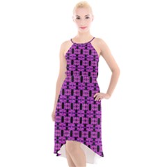 Pink Black Abstract Pattern High-low Halter Chiffon Dress 