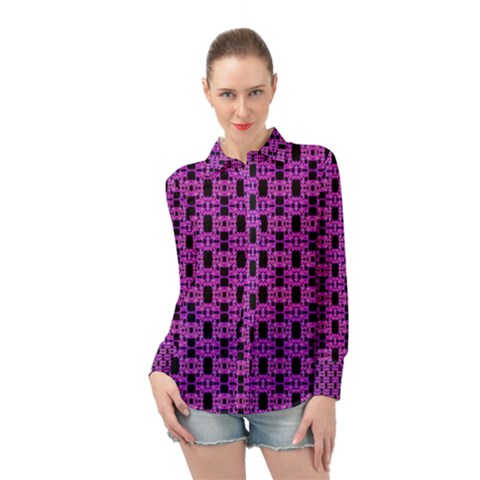 Pink Black Abstract Pattern Long Sleeve Chiffon Shirt by BrightVibesDesign