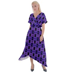 Purple Black Abstract Pattern Cross Front Sharkbite Hem Maxi Dress