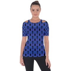 Blue Black Abstract Pattern Shoulder Cut Out Short Sleeve Top by BrightVibesDesign