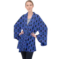 Blue Black Abstract Pattern Long Sleeve Velvet Kimono  by BrightVibesDesign