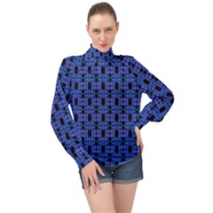 Blue Black Abstract Pattern High Neck Long Sleeve Chiffon Top by BrightVibesDesign