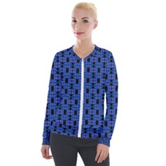 Blue Black Abstract Pattern Velour Zip Up Jacket by BrightVibesDesign