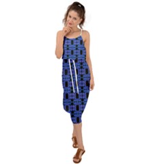 Blue Black Abstract Pattern Waist Tie Cover Up Chiffon Dress