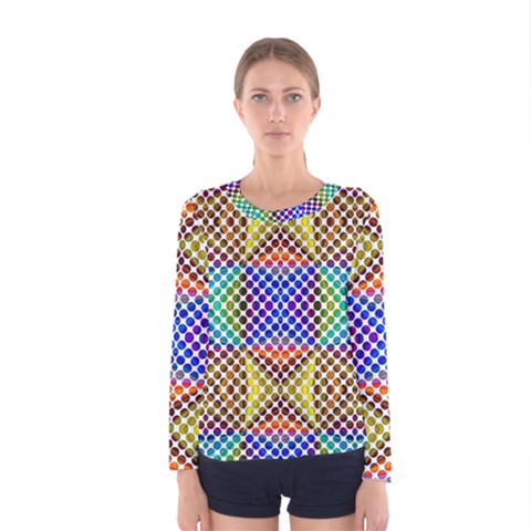 Colorful Circle Abstract White Brown Blue Yellow Women s Long Sleeve Tee by BrightVibesDesign