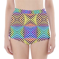 Colorful Circle Abstract White Brown Blue Yellow High-waisted Bikini Bottoms by BrightVibesDesign