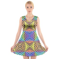 Colorful Circle Abstract White Brown Blue Yellow V-neck Sleeveless Dress by BrightVibesDesign