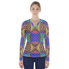 Colorful Circle Abstract White Brown Blue Yellow V-neck Long Sleeve Top by BrightVibesDesign