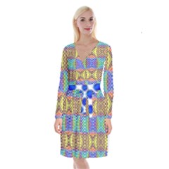 Colorful Circle Abstract White Brown Blue Yellow Long Sleeve Velvet Front Wrap Dress by BrightVibesDesign