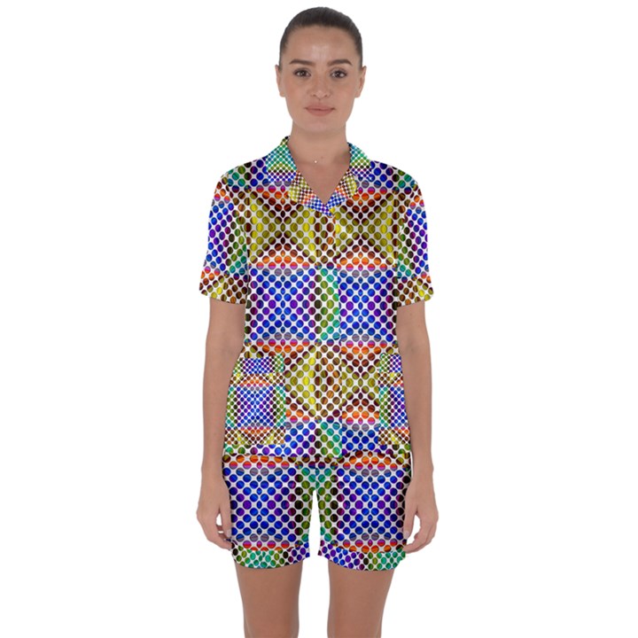 Colorful Circle Abstract White Brown Blue Yellow Satin Short Sleeve Pyjamas Set