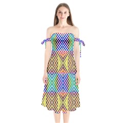 Colorful Circle Abstract White Brown Blue Yellow Shoulder Tie Bardot Midi Dress by BrightVibesDesign