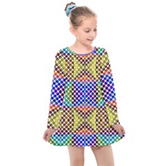 Colorful Circle Abstract White Brown Blue Yellow Kids  Long Sleeve Dress by BrightVibesDesign