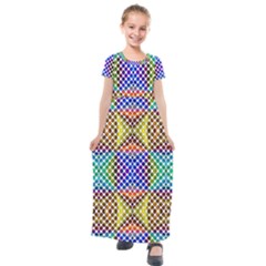 Colorful Circle Abstract White Brown Blue Yellow Kids  Short Sleeve Maxi Dress by BrightVibesDesign