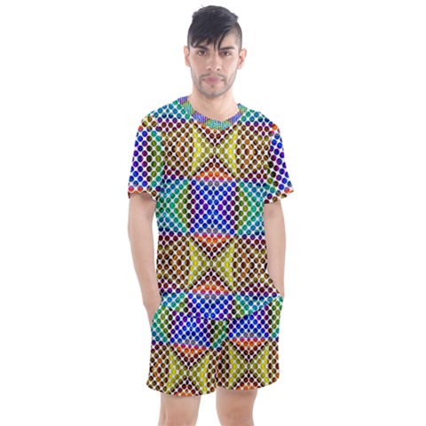 Colorful Circle Abstract White Brown Blue Yellow Men s Mesh Tee And Shorts Set by BrightVibesDesign