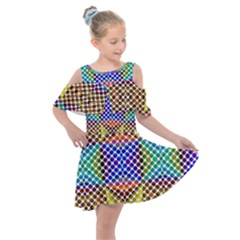 Colorful Circle Abstract White Brown Blue Yellow Kids  Shoulder Cutout Chiffon Dress by BrightVibesDesign