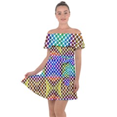 Colorful Circle Abstract White Brown Blue Yellow Off Shoulder Velour Dress by BrightVibesDesign