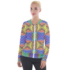 Colorful Circle Abstract White Brown Blue Yellow Velour Zip Up Jacket by BrightVibesDesign