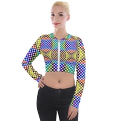 Colorful Circle Abstract White Brown Blue Yellow Long Sleeve Cropped Velvet Jacket by BrightVibesDesign