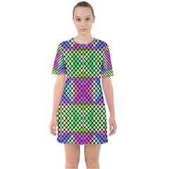 Bright  Circle Abstract Black Green Pink Blue Sixties Short Sleeve Mini Dress by BrightVibesDesign