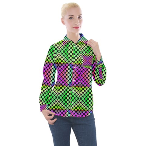 Bright  Circle Abstract Black Green Pink Blue Women s Long Sleeve Pocket Shirt by BrightVibesDesign