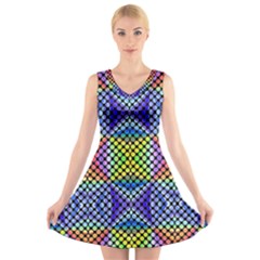 Bright Circle Abstract Black Blue Yellow Red V-neck Sleeveless Dress by BrightVibesDesign