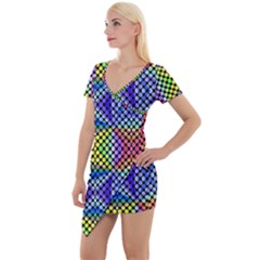 Bright Circle Abstract Black Blue Yellow Red Short Sleeve Asymmetric Mini Dress by BrightVibesDesign