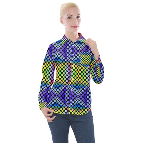 Bright Circle Abstract Black Blue Yellow Red Women s Long Sleeve Pocket Shirt by BrightVibesDesign