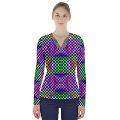 Bright  Circle Abstract Black Pink Green Yellow V-neck Long Sleeve Top