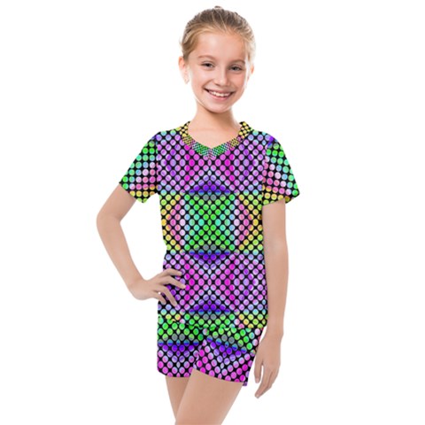 Bright  Circle Abstract Black Pink Green Yellow Kids  Mesh Tee And Shorts Set by BrightVibesDesign