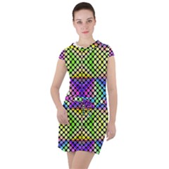 Bright  Circle Abstract Black Yellow Purple Green Blue Drawstring Hooded Dress by BrightVibesDesign