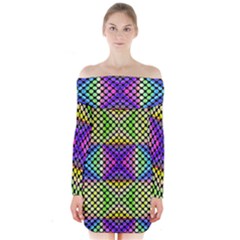 Bright  Circle Abstract Black Yellow Purple Green Blue Long Sleeve Off Shoulder Dress by BrightVibesDesign