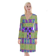 Bright  Circle Abstract Black Yellow Purple Green Blue Long Sleeve Velvet Front Wrap Dress by BrightVibesDesign