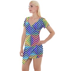 Colorful Circle Abstract White  Blue Yellow Red Short Sleeve Asymmetric Mini Dress by BrightVibesDesign