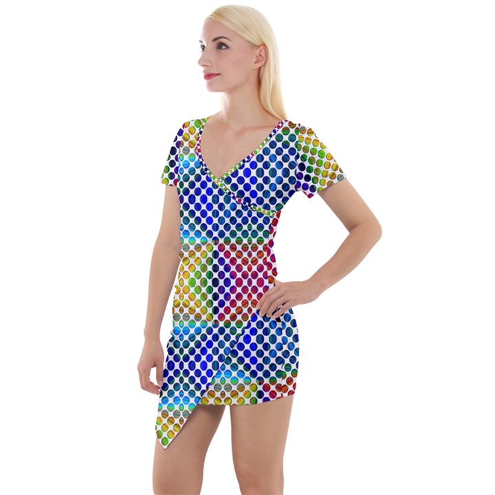 Colorful Circle Abstract White  Blue Yellow Red Short Sleeve Asymmetric Mini Dress