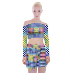 Colorful Circle Abstract White  Blue Yellow Red Off Shoulder Top With Mini Skirt Set by BrightVibesDesign