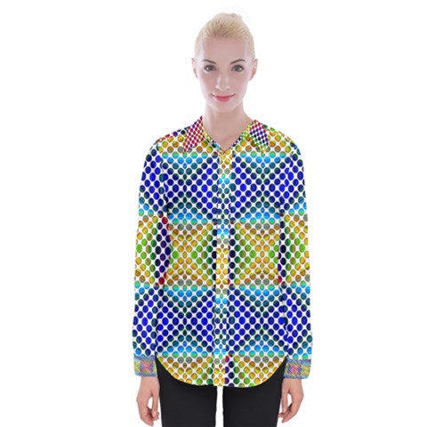 Colorful Circle Abstract White  Blue Yellow Red Womens Long Sleeve Shirt by BrightVibesDesign