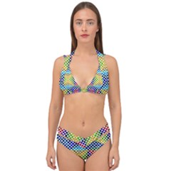 Colorful Circle Abstract White  Blue Yellow Red Double Strap Halter Bikini Set by BrightVibesDesign