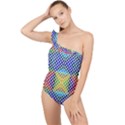 Colorful Circle Abstract White  Blue Yellow Red Frilly One Shoulder Swimsuit View1