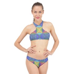 Colorful Circle Abstract White  Blue Yellow Red High Neck Bikini Set by BrightVibesDesign