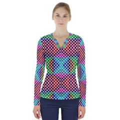 Colorful Circle Abstract White  Red Pink Green V-neck Long Sleeve Top by BrightVibesDesign