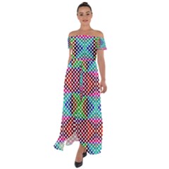 Colorful Circle Abstract White  Red Pink Green Off Shoulder Open Front Chiffon Dress by BrightVibesDesign