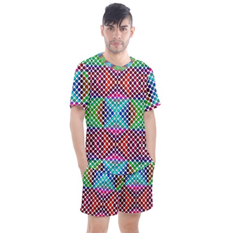 Colorful Circle Abstract White  Red Pink Green Men s Mesh Tee And Shorts Set by BrightVibesDesign