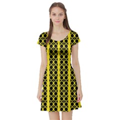 Circles Lines Black Yellow Short Sleeve Skater Dress by BrightVibesDesign