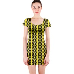 Circles Lines Black Yellow Short Sleeve Bodycon Dress by BrightVibesDesign