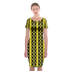 Circles Lines Black Yellow Classic Short Sleeve Midi Dress by BrightVibesDesign