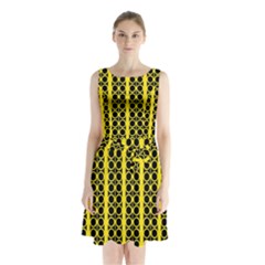 Circles Lines Black Yellow Sleeveless Waist Tie Chiffon Dress by BrightVibesDesign