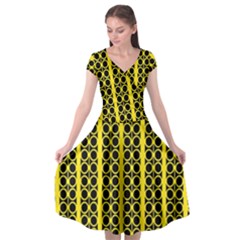 Circles Lines Black Yellow Cap Sleeve Wrap Front Dress by BrightVibesDesign