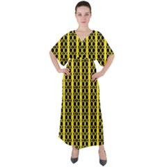 Circles Lines Black Yellow V-neck Boho Style Maxi Dress by BrightVibesDesign