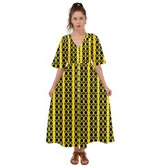 Circles Lines Black Yellow Kimono Sleeve Boho Dress by BrightVibesDesign