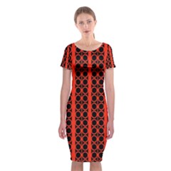 Circles Lines Black Orange Classic Short Sleeve Midi Dress by BrightVibesDesign